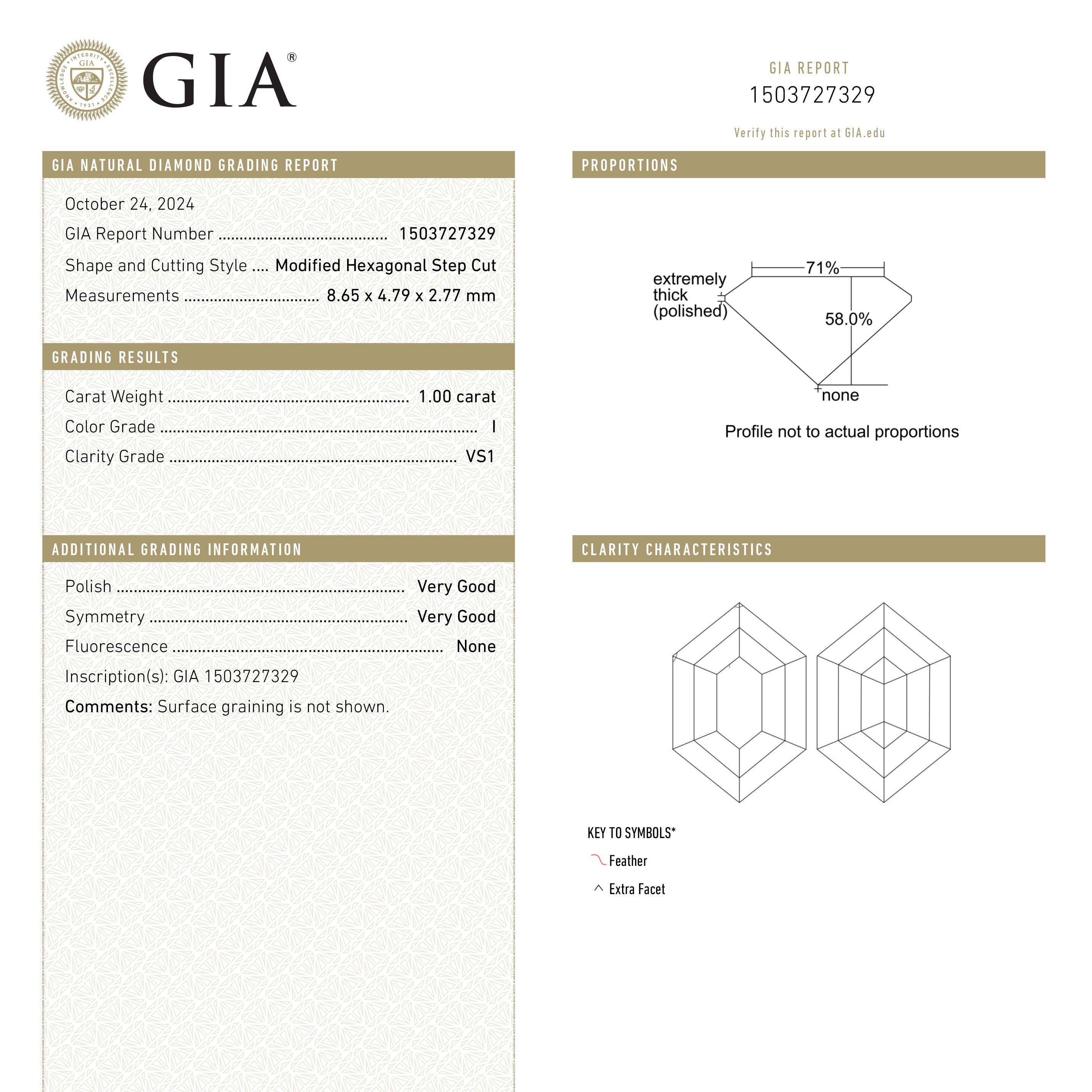 1.00ct 8.65x4.79x2.77mm GIA VS1 I Hexagon Step Cut 25803-08