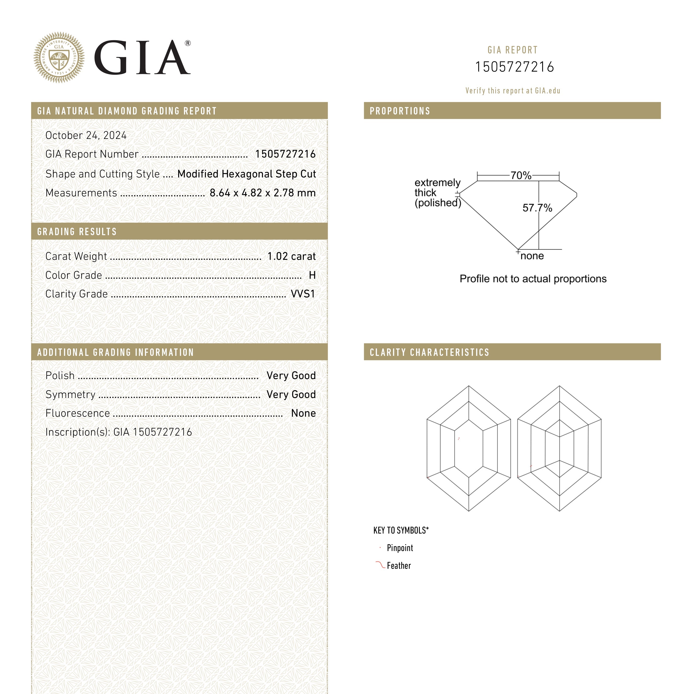 1.02ct 8.64x4.82x2.78mm GIA VVS1 H Hexagon Step Cut 25803-01