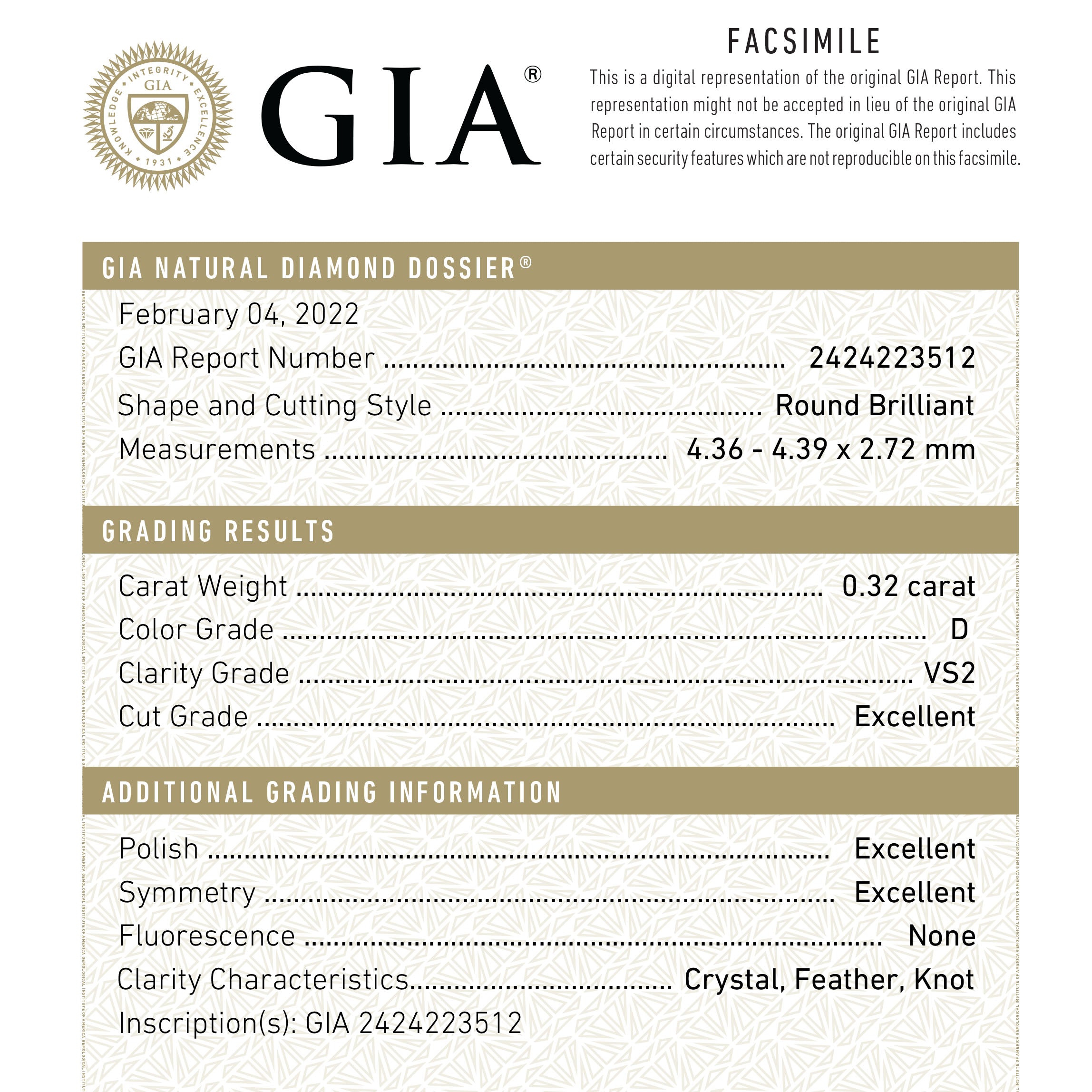 0.32ct 4.36x4.39x2.72mm GIA VS2 D Round Brilliant 🇨🇦 21381-01