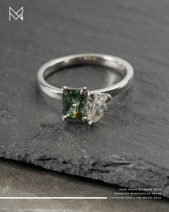 18K White Gold Pear Shape Diamond with Unheated Madagascar Green Sapphire Ring