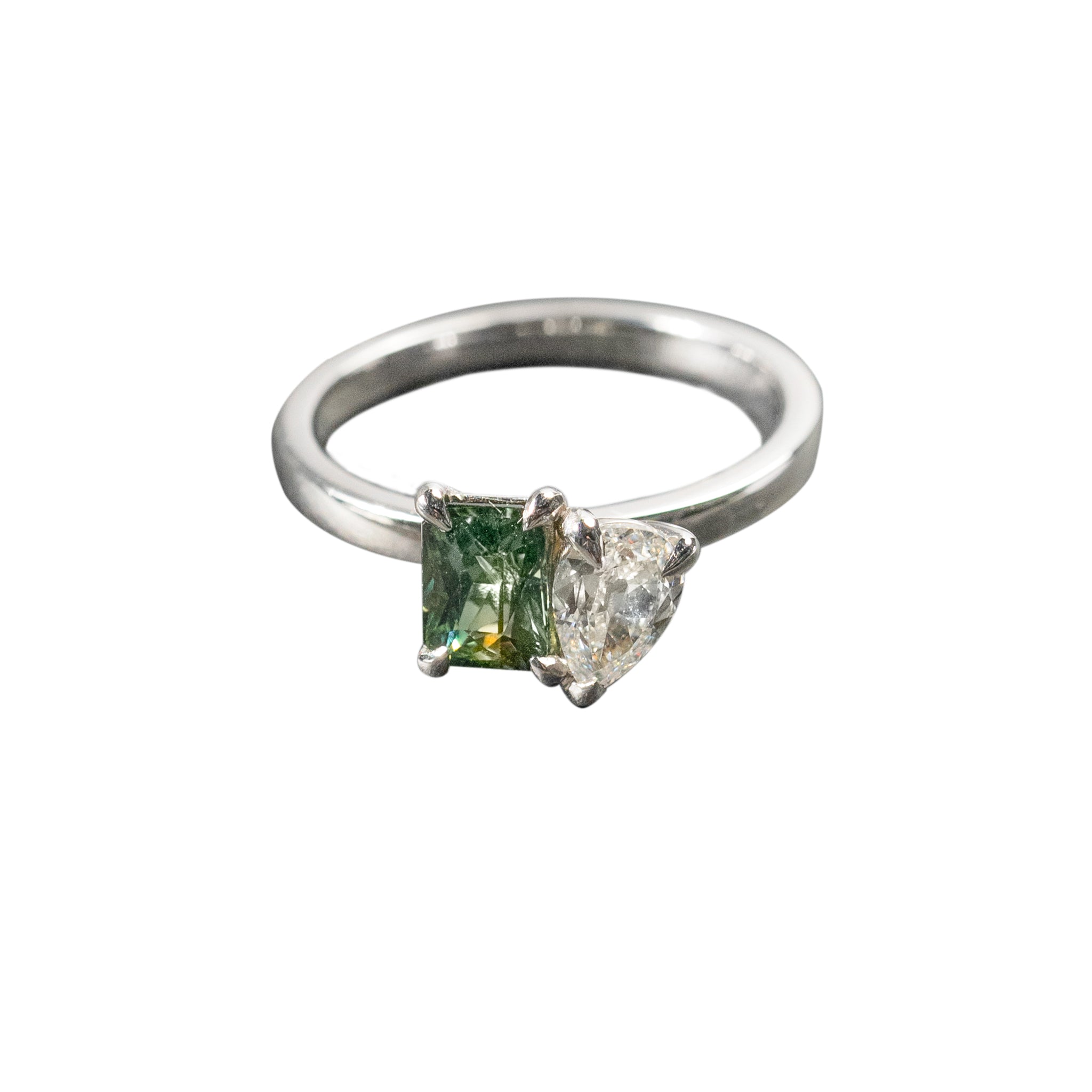 18K White Gold Pear Shape Diamond with Unheated Madagascar Green Sapphire Ring