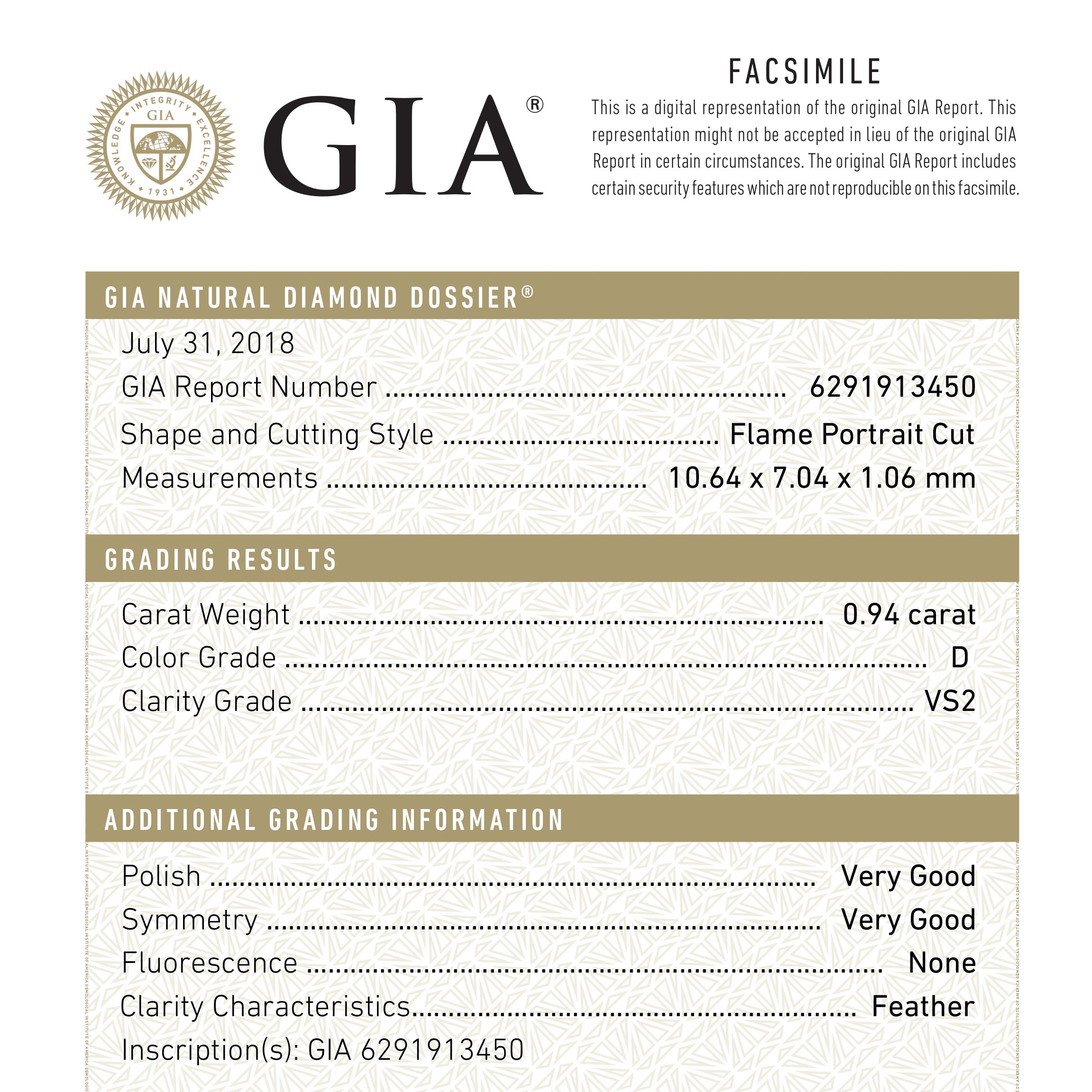 0.94ct 10.64x7.04x1.06mm GIA VS2 D Flame Portrait Cut 26745-01