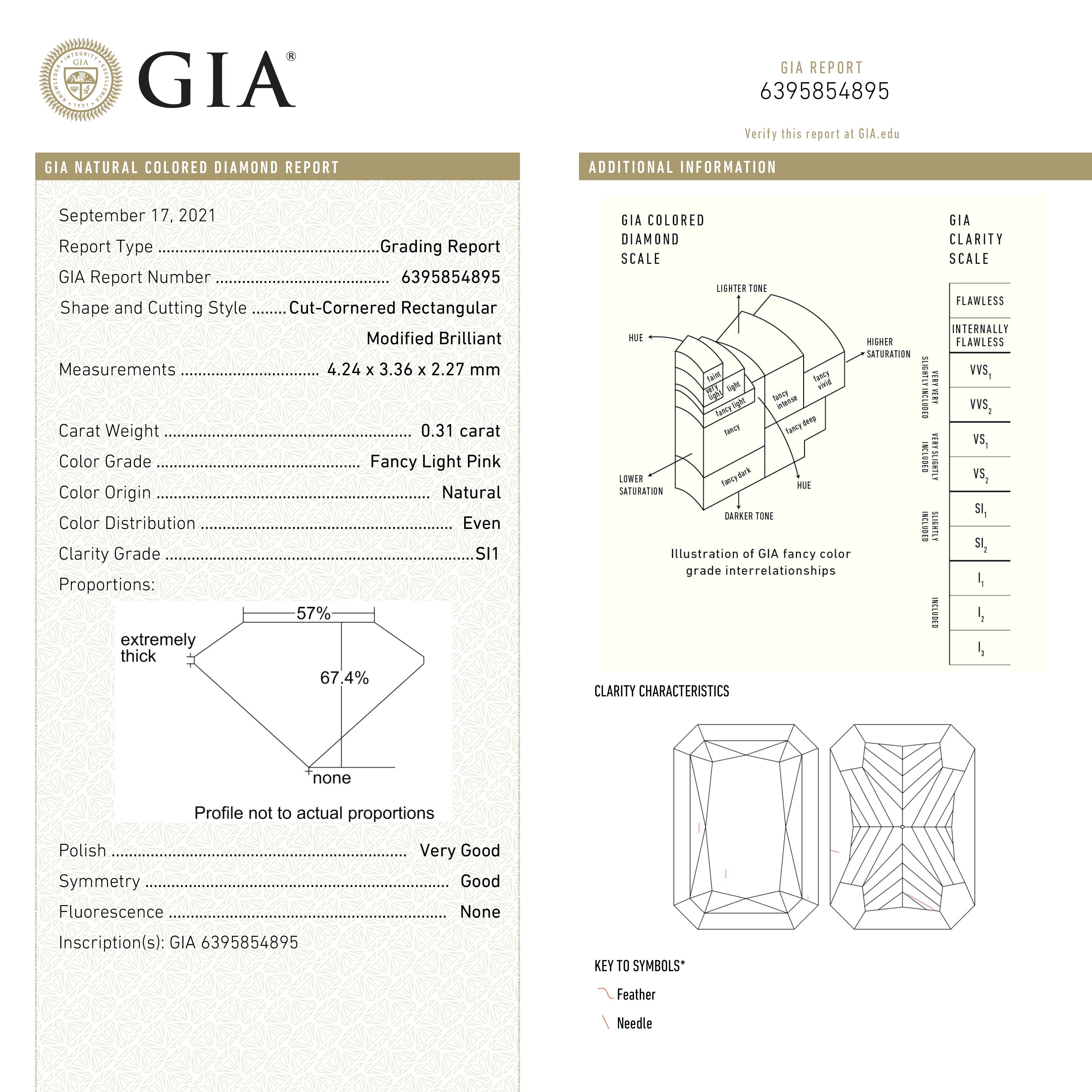 0.31ct 4.24x3.36x2.27mm GIA SI1 Fancy Pink Cut Corner Rectangle Brilliant 24095-01