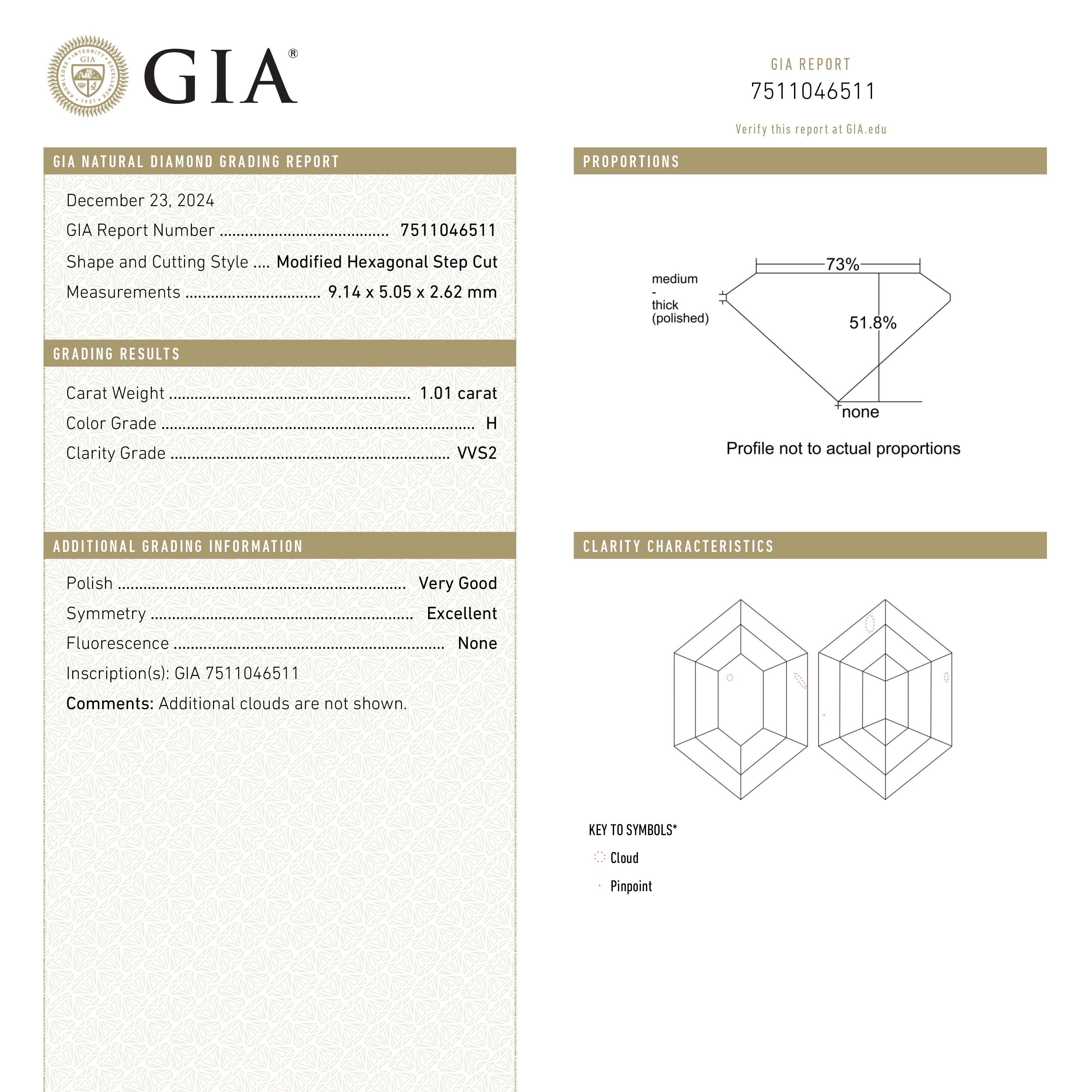 1.01ct 9.14x5.05x2.62mm GIA VVS2 H Hexagon Step Cut 25803-07