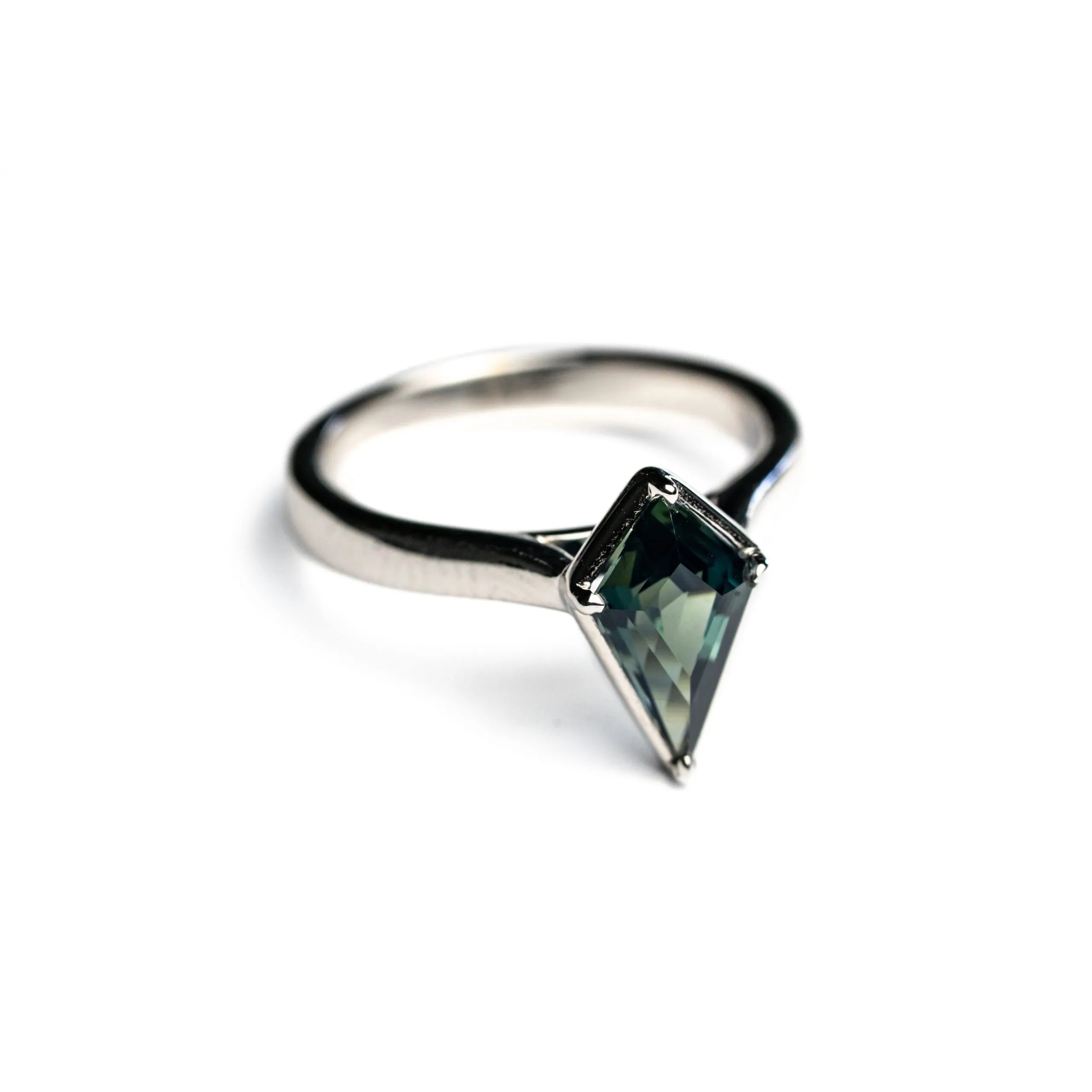 14K White Gold 1.43ct Kite Step Cut Sapphire Abyss Ring