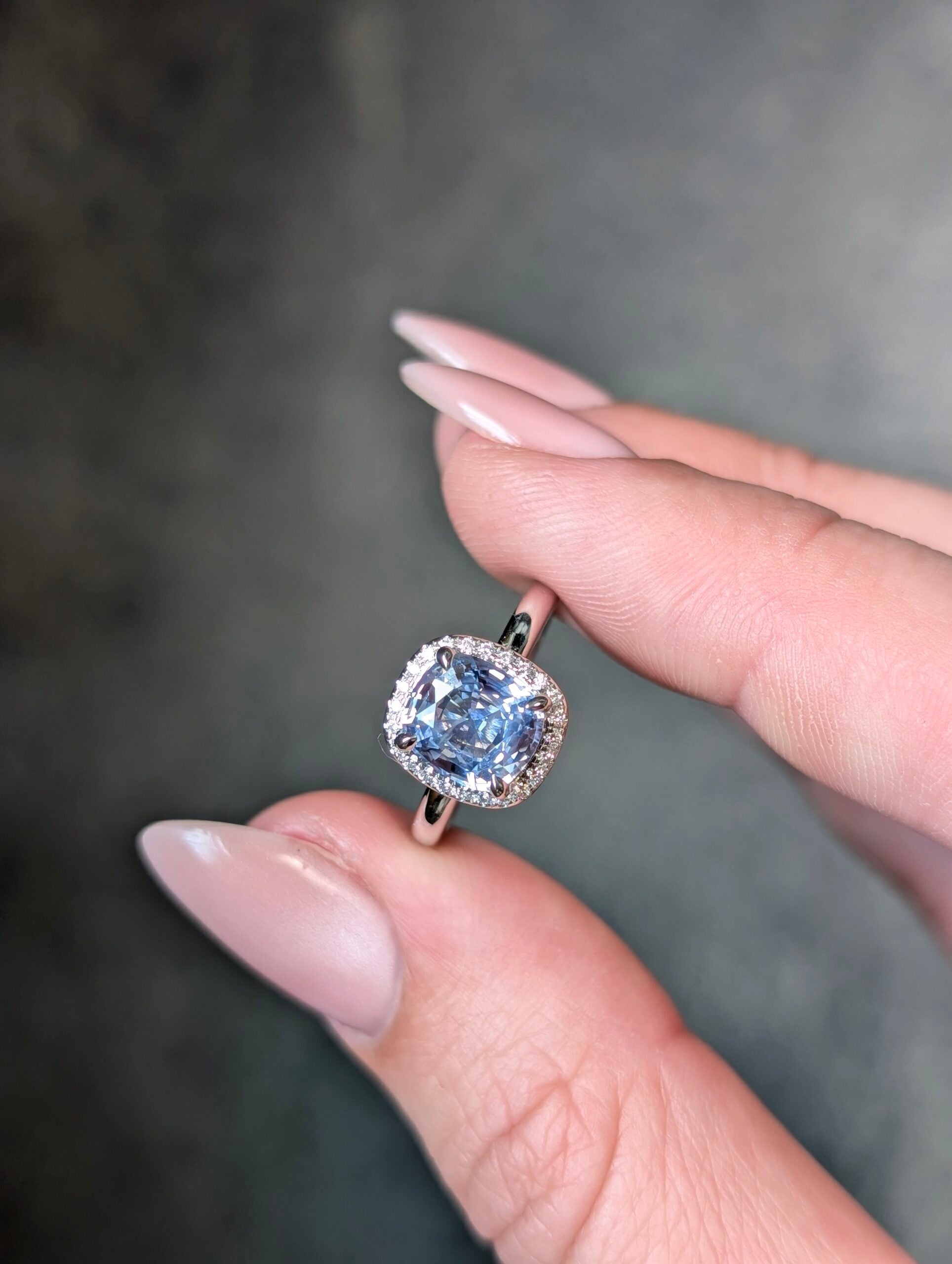 14K White Gold 2.18ct Cushion Brilliant Sapphire Monsoon Ring