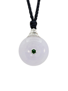 18K White Gold Icy Light Lavender Jadeite Jade Donut Pendant with Intense Green Round Cabochon Accent and set with Natural Diamonds