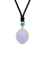 Load image into Gallery viewer, 18K White Gold Icy Lavender Oval Shape Jadeite Jade Cabochon Pendant with Intense Green Round Cabochon and set with Natural Diamonds
