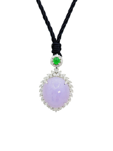 18K White Gold Icy Lavender Oval Shape Jadeite Jade Cabochon Pendant with Intense Green Round Cabochon and set with Natural Diamonds