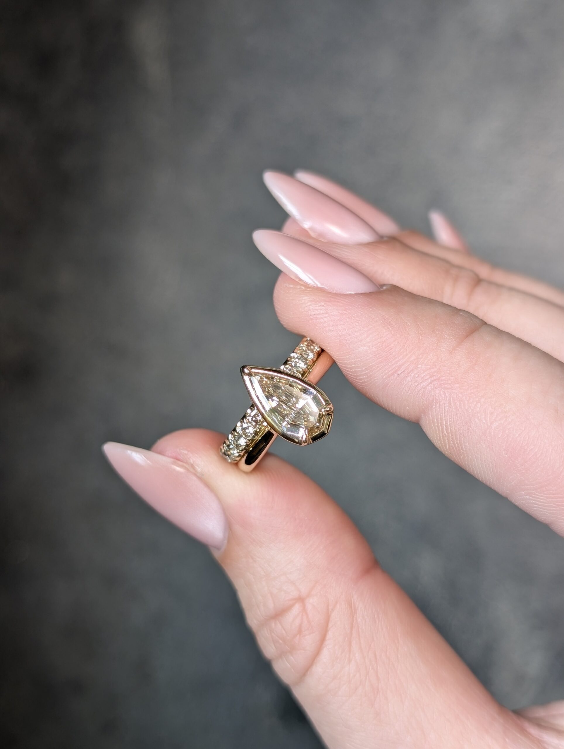 14K Yellow Gold 1.13ct C5 Geometric Natural Pear Step Cut Diamond Oasis Ring