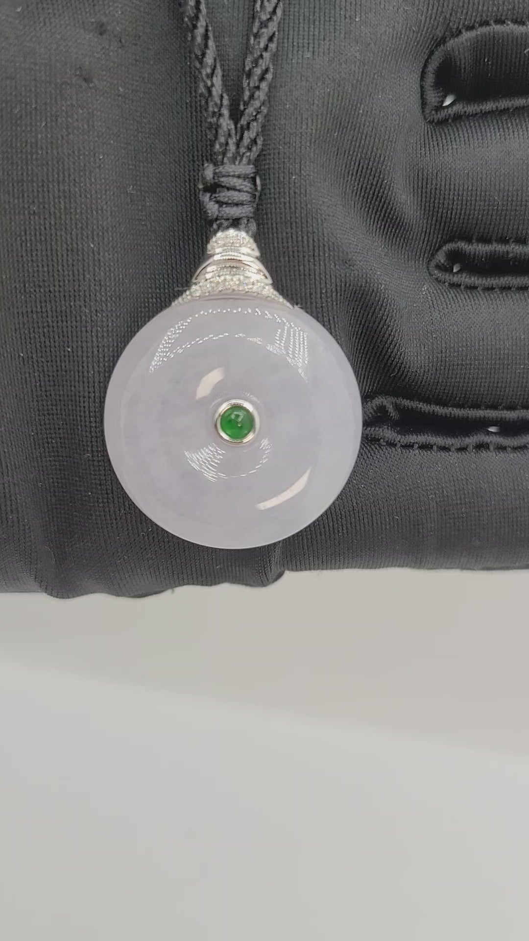 18K White Gold Icy Light Lavender Jadeite Jade Donut Pendant with Intense Green Round Cabochon Accent and set with Natural Diamonds