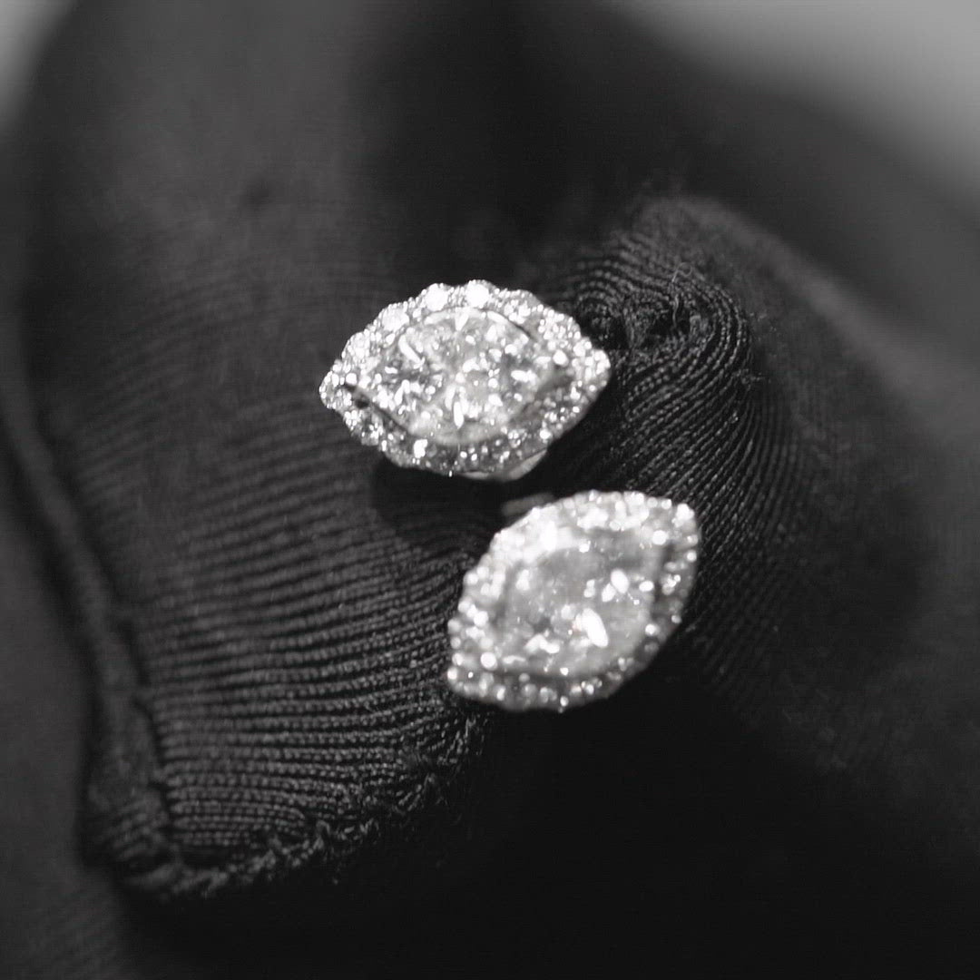 18K White Gold Marquise Shaped Diamond Studs with Halo