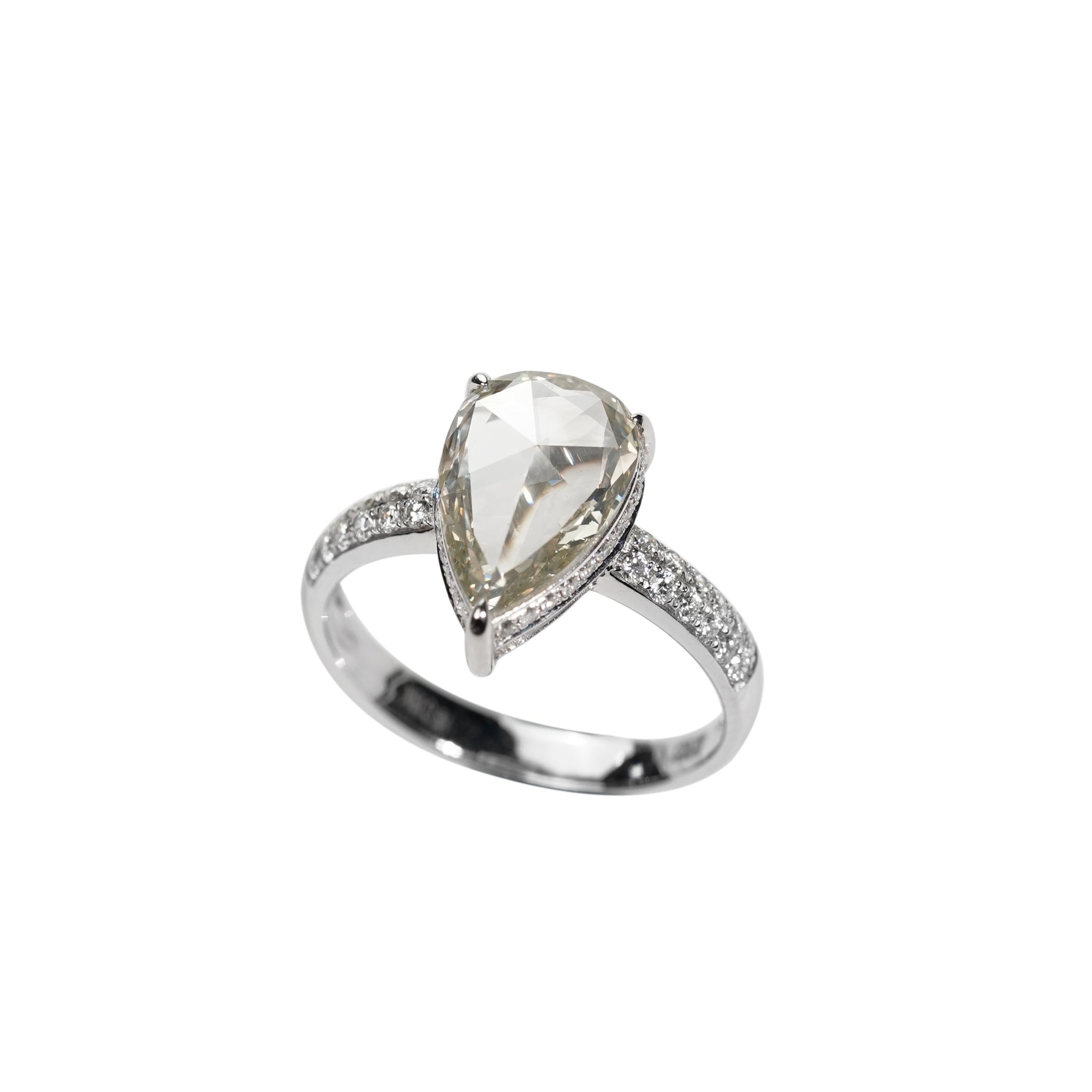 Pear Shape Rose Cut Diamond Ring 18K White Gold