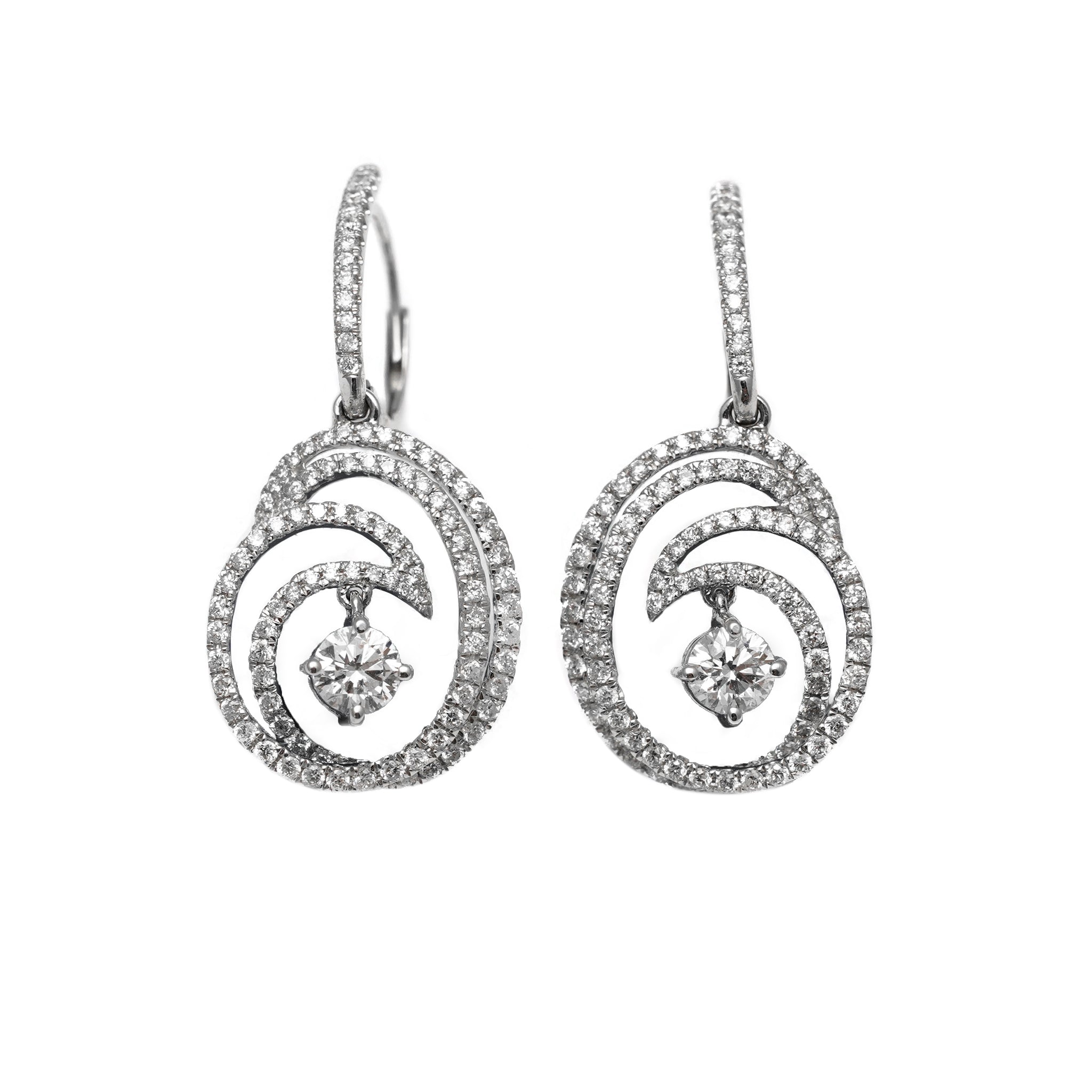 18K White Gold Round Brillant Drop on Fancy Shape Halo Diamond Earrings