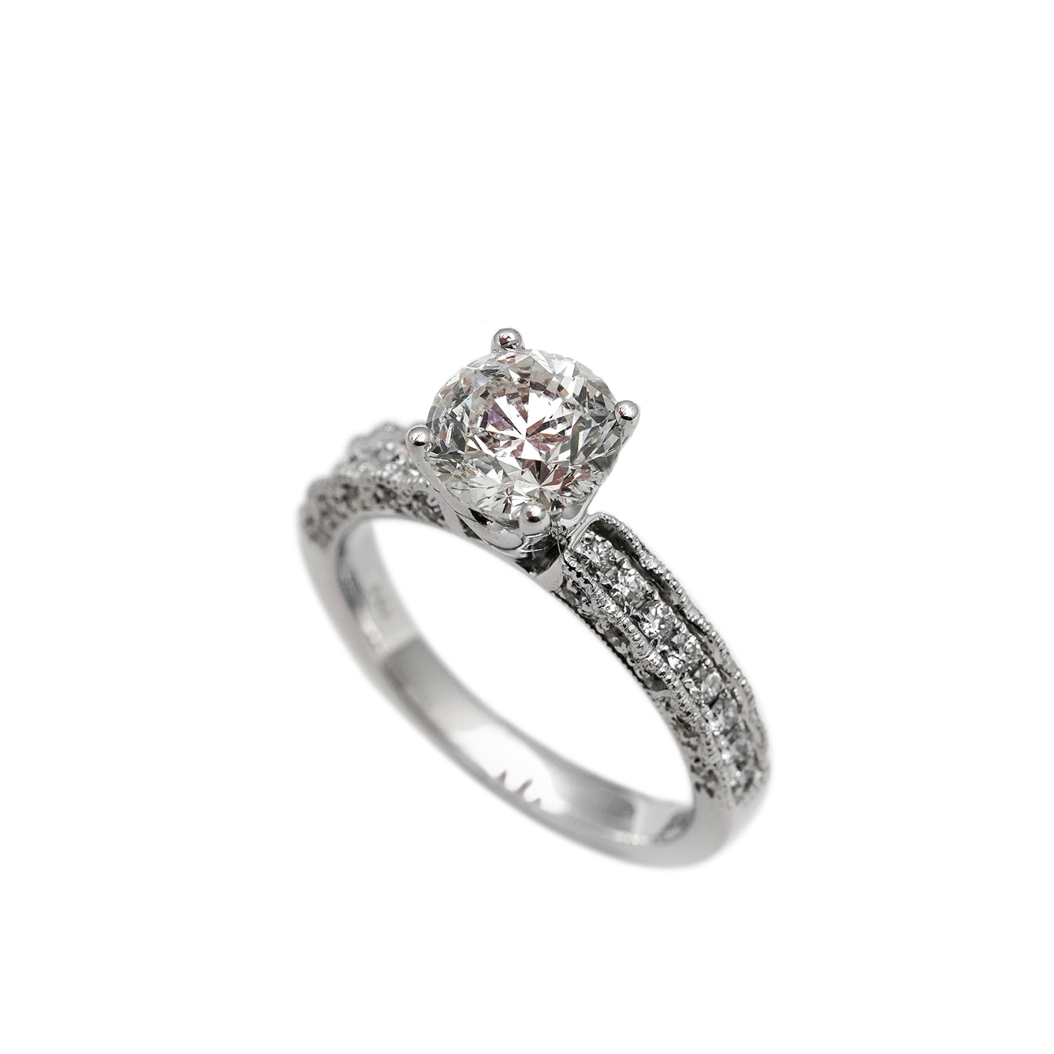 18K White Gold 1.70CT Round Brilliant Diamond Ring with Pavé Side Stones