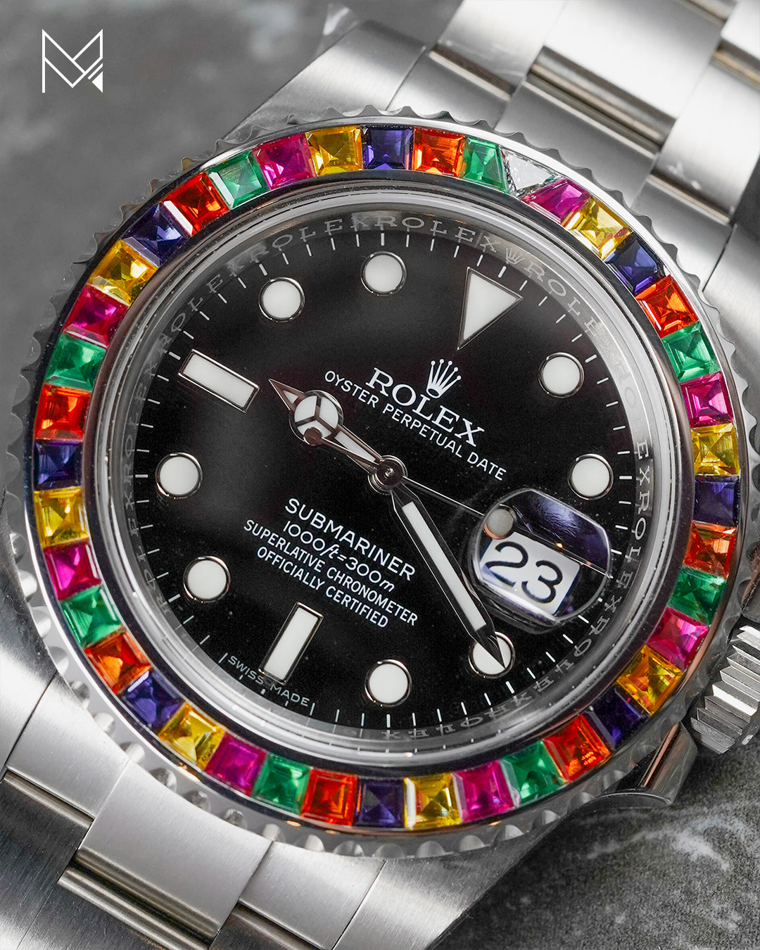 Rolex Submariner 116610LN Date Stainless Steel Black Dial with Custom Diamond and Rainbow Precious Stones Bezel