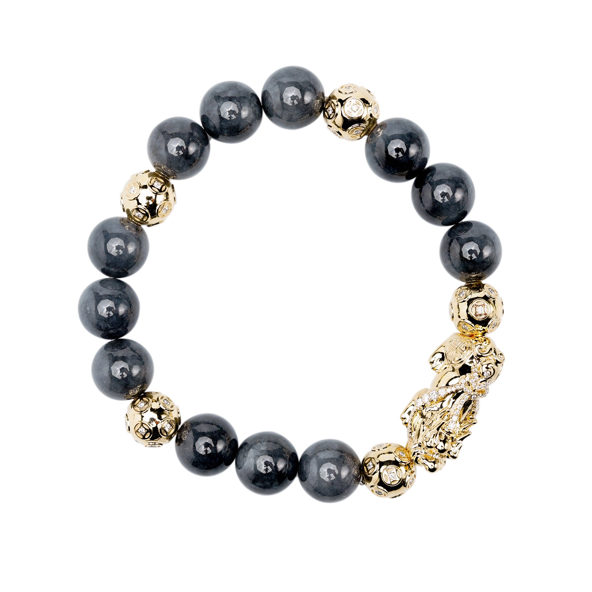 Black Jadeite Jade Bead Bracelet with 18K Yellow Gold Diamond Pixui and Money Ball Beads (Large)
