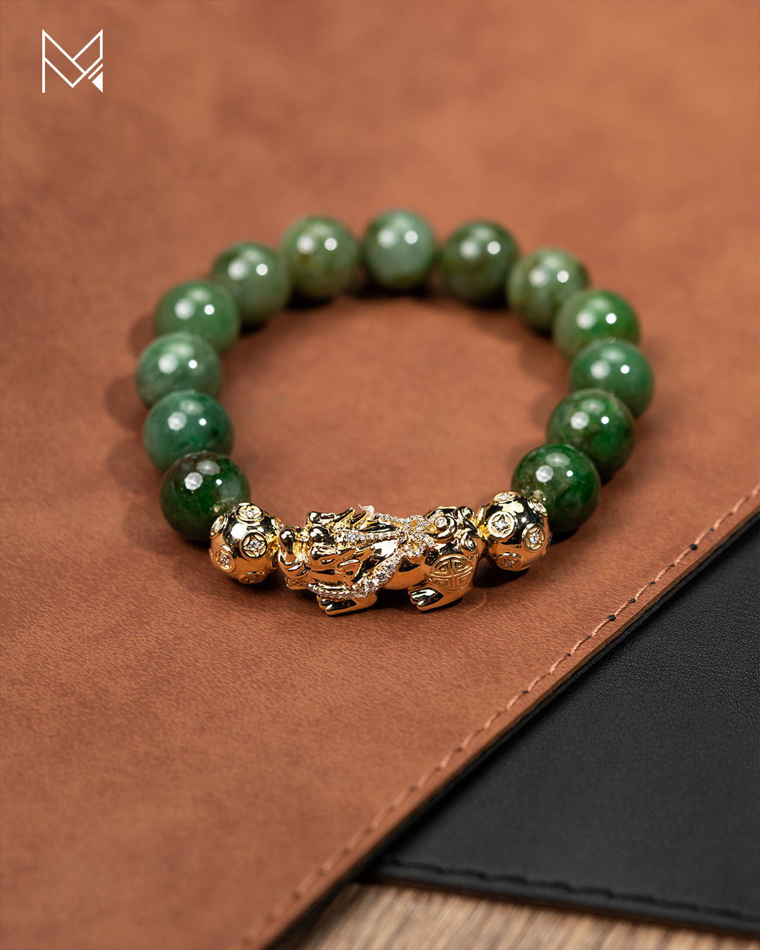 Green Jadeite Jade Bead Bracelet with 18K Yellow Gold Diamond Pixui and Money Balls (LARGE)