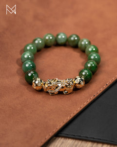 Green Jadeite Jade Bead Bracelet with 18K Yellow Gold Diamond Pixui and Money Balls (LARGE)