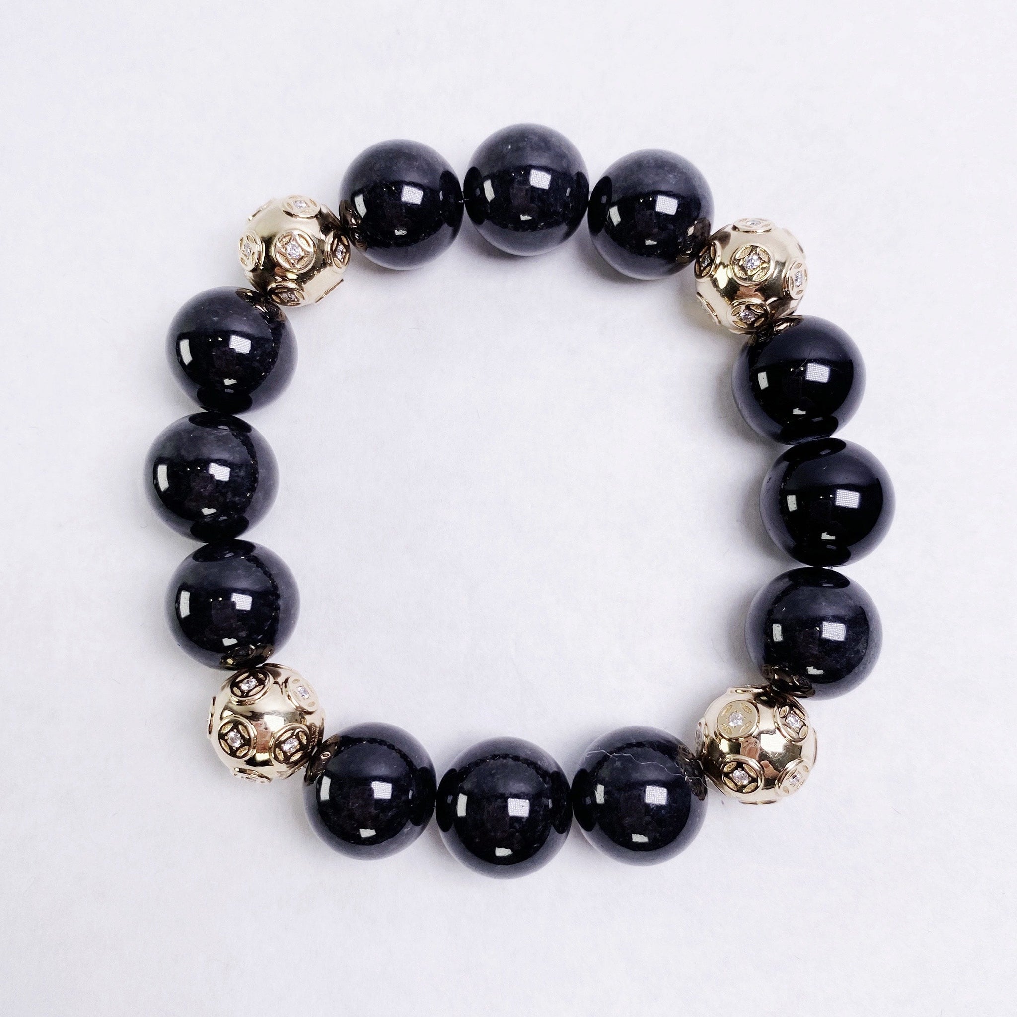 Black Jadeite Jade Bead Bracelet with 18K Yellow Gold Diamond Money Ball Beads (Large)