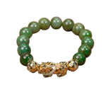 Load image into Gallery viewer, Green Jadeite Jade Bead Bracelet with 18K Yellow Gold Diamond Pixui and Money Balls (LARGE)
