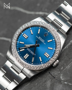 Rolex 41mm Oyster Perpetual Blue Face with 18K White Gold Custom Diamond Bezel BRAND NEW