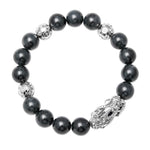 Load image into Gallery viewer, Black Jadeite Jade Bracelet with 18K White Gold Diamond Pixiu and Diamond Money Ball  Beads (Large)
