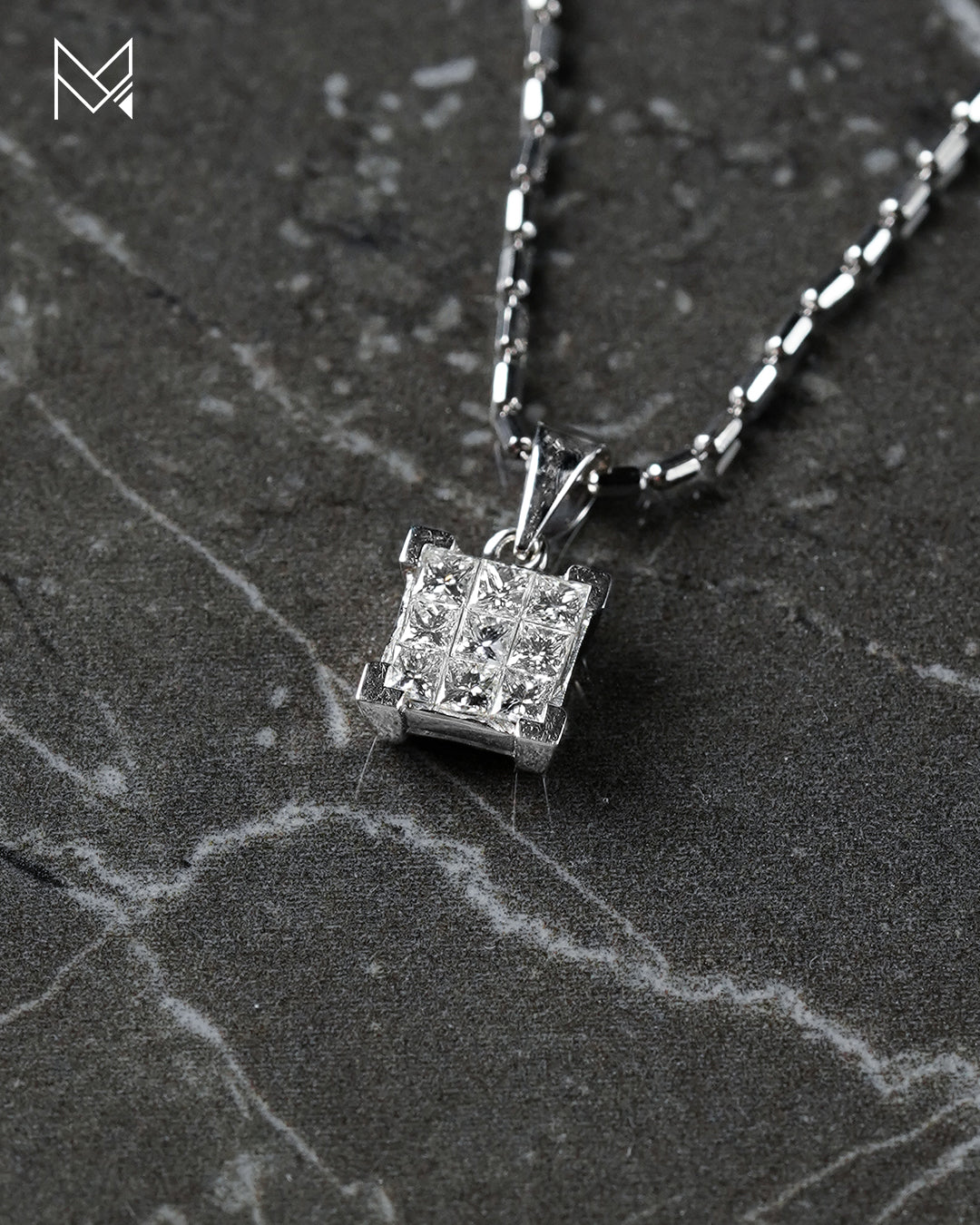 18K White Gold Princess Cluster Diamond Pendant