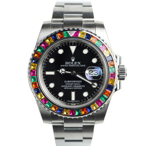 Rolex Submariner 116610LN Date Stainless Steel Black Dial with Custom Diamond and Rainbow Precious Stones Bezel