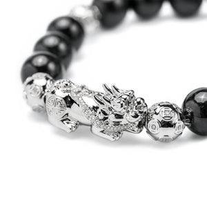 Black Jadeite Jade Bead Bracelet with 18K White Gold Diamond Pixui and Money Ball Beads (Large)