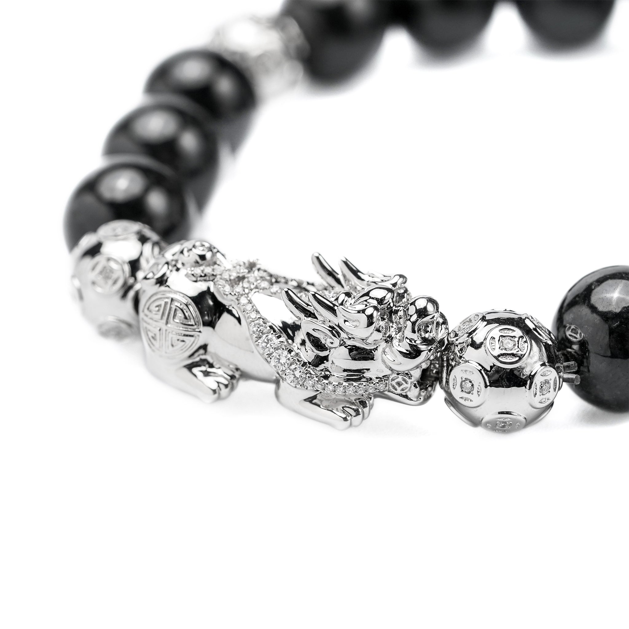 Black Jadeite Jade Bead Bracelet with 18K White Gold Diamond Pixui and Money Ball Beads (Medium)