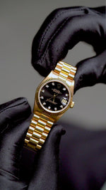 Load and play video in Gallery viewer, Rolex President Datejust 68278 18K Yellow Gold 31mm Black Diamond Dial Pre-Owned
