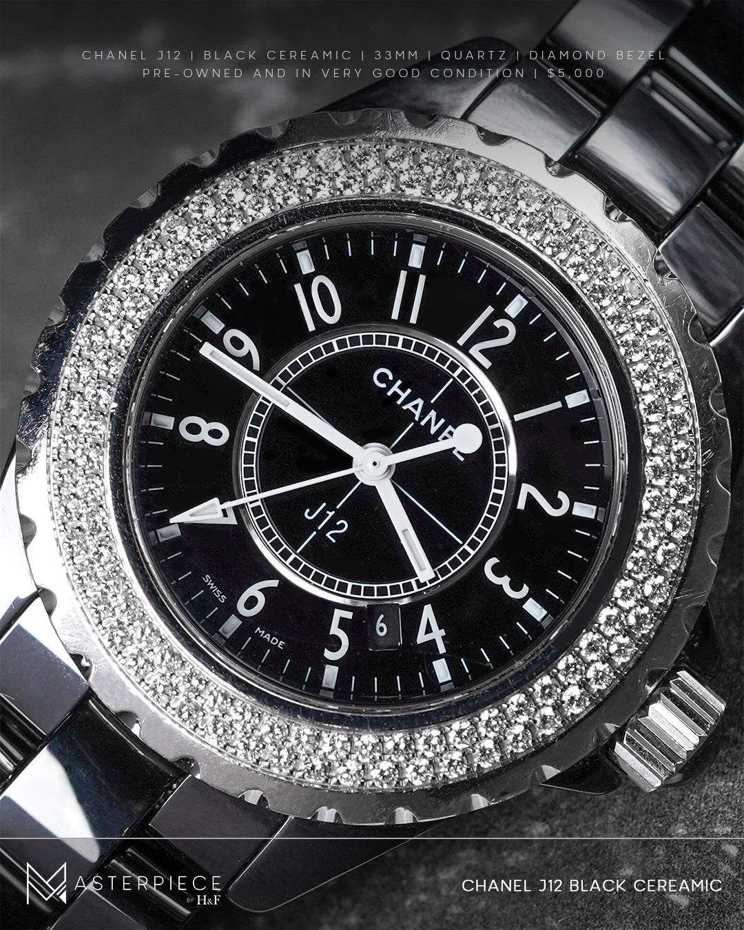 Chanel J12 Black Cereamic 33mm Quartz Diamond Watch Pre-Owned – Masterpiece  by H&F
