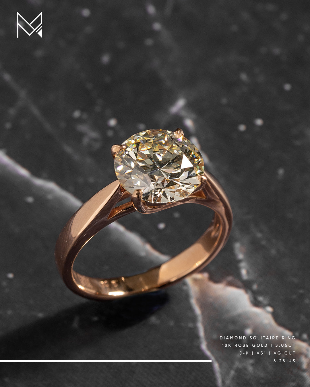 18K Rose Gold 3CT Diamond Solitaire Ring