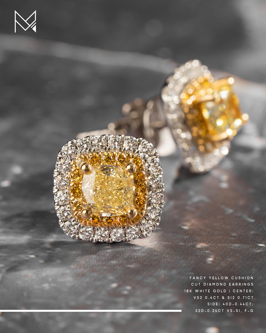 18k White Gold Fancy Yellow Cushion Cut Diamond Earrings