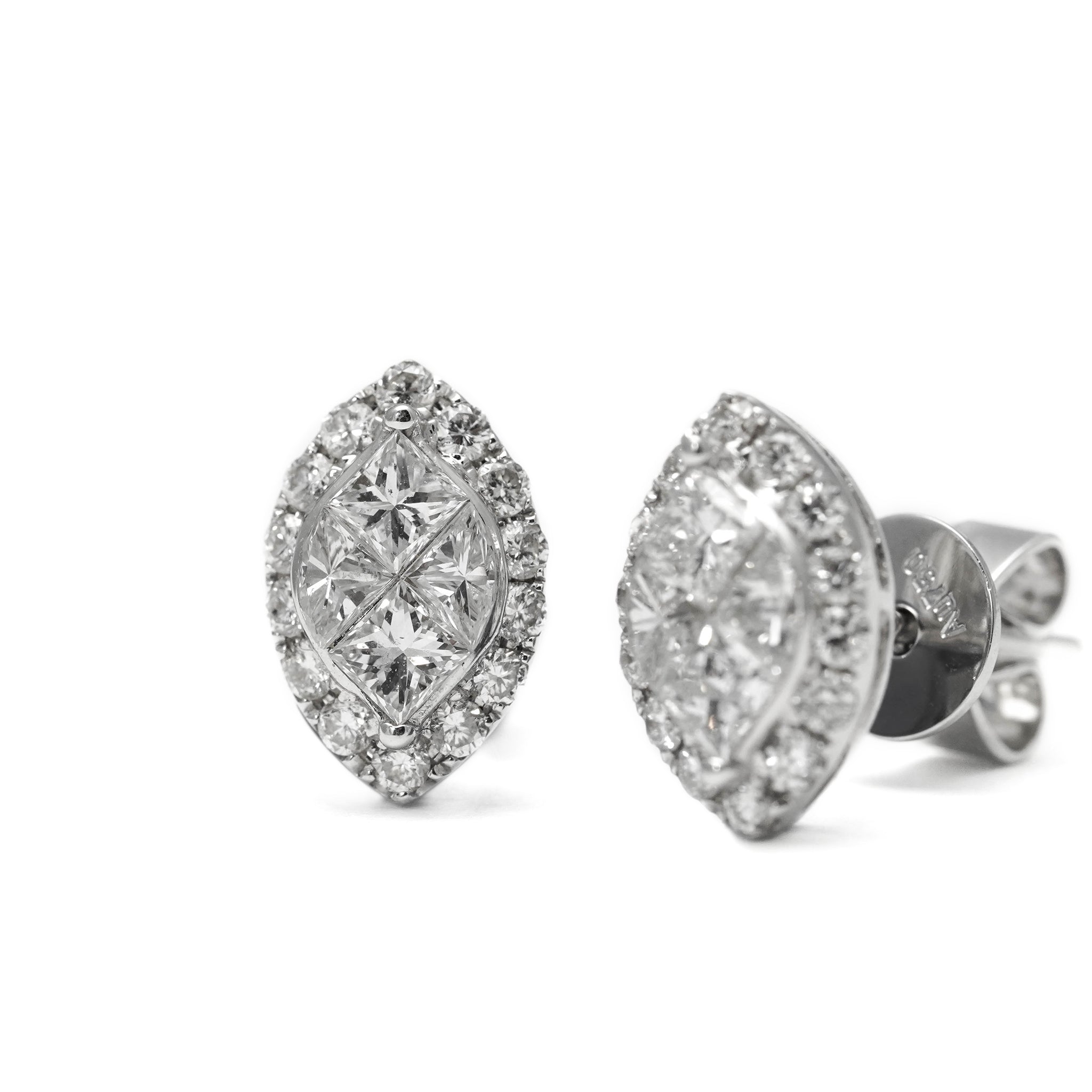 18K White Gold Marquise Shaped Diamond Studs with Halo