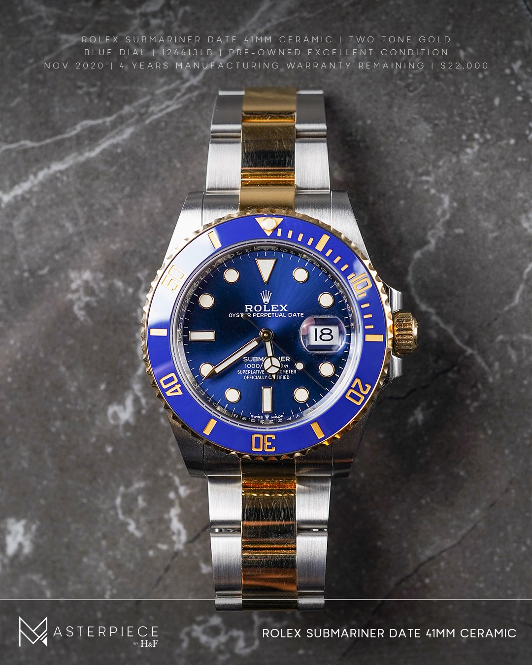 Rolex Submariner Date 40mm Two Tone Gold Blue Dial Watch 116613LB