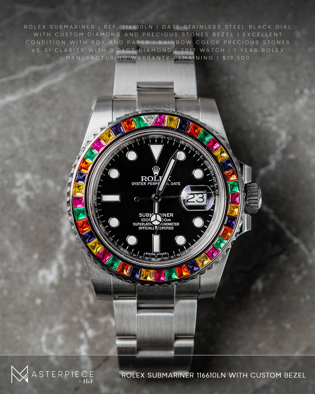 Rolex Submariner 116610LN Date Stainless Steel Black Dial with Custom Diamond and Rainbow Precious Stones Bezel