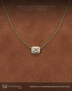 Emerald Cut Diamond Necklace with Halo 18K Yellow Gold