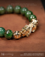 Load image into Gallery viewer, Green Jadeite Jade Bead Bracelet with 18K Yellow Gold Diamond Pixui and Money Balls (LARGE)
