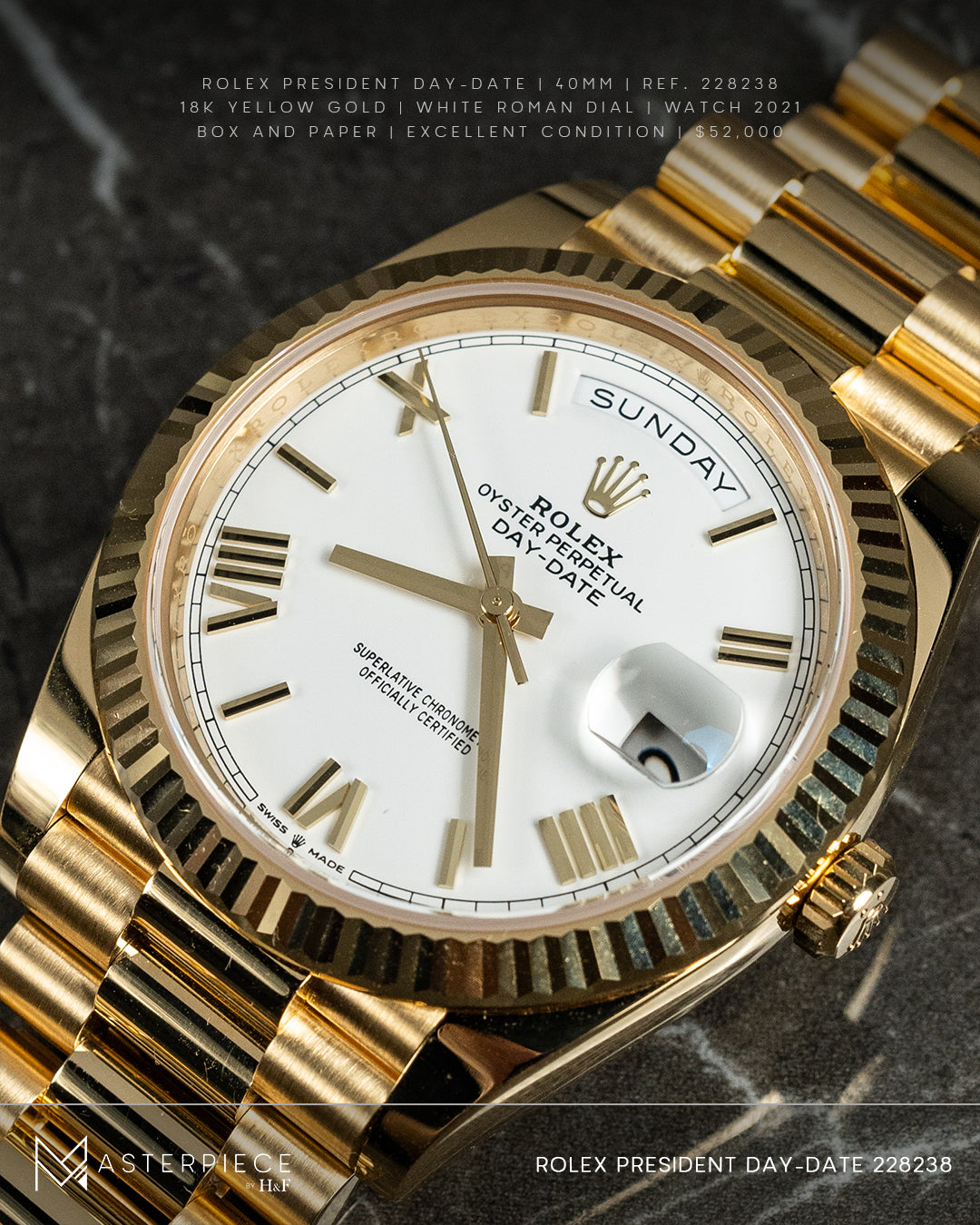 Rolex President Day-Date 40mm 228238 18K Yellow Gold White Roman Dial Watch 2021 Pre-Owned