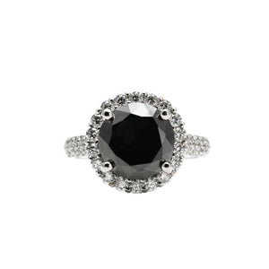 18K White Gold 3.87CT Black Round Brilliant Diamond Ring with Custom Halo