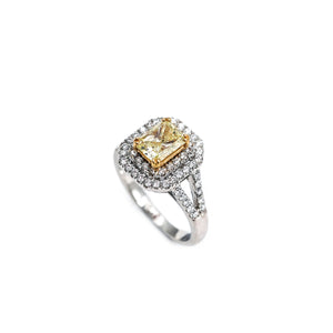 18K White Gold Radiant Cut Fancy Yellow Diamond Ring with Custom Double Halo