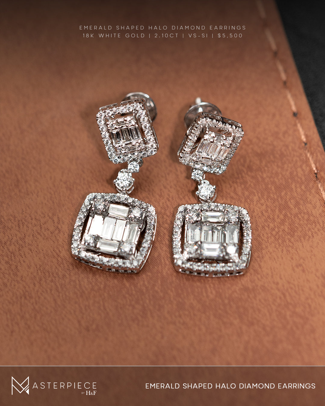 Emerald Shaped Halo Diamond Earrings 18K White Gold