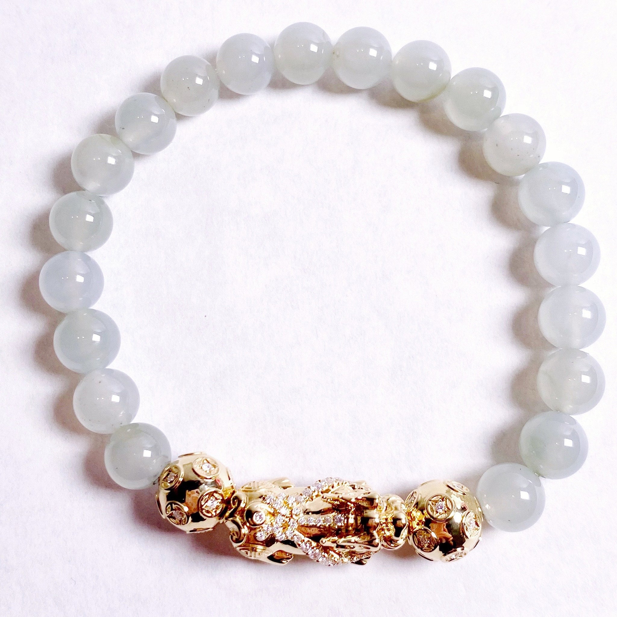 Icy Jadeite Jade Bead Bracelet with 18K Yellow Gold Diamond Pixui and Money Ball Beads (Medium)
