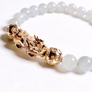 Icy Jadeite Jade Bead Bracelet with 18K Yellow Gold Diamond Pixui and Money Ball Beads (Medium)
