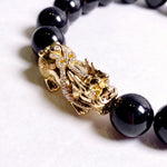Load image into Gallery viewer, Black Jadeite Jade Bead Bracelet with 18K Yellow Gold Diamond Pixui (Large)
