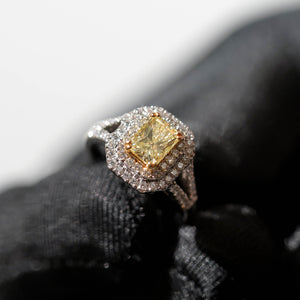 18K White Gold Radiant Cut Fancy Yellow Diamond Ring with Custom Double Halo