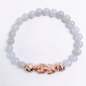 Icy Jadeite Jade Bead Bracelet with 18K Rose Gold Diamond Pixui and Money Ball Beads (Medium)